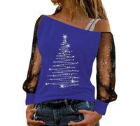 Schulterfreies Langarm-T-Shirt mit elegantem Spitzendetail, lässiges Oberteil für jeden Bequeme Passform (Blue, XXL)