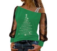 Schulterfreies Langarm-T-Shirt mit elegantem Spitzendetail, lässiges Oberteil für jeden Bequeme Passform (Green, M)