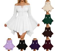 Schulterfreies Oberteil Damen Rüschenkleid Mittelalter Mittelalterliches | Stufenkleid aus Chiffon,Freizeitkleid,Piratenkostüm Sommerkleid Swing Kleid Off Shoulder Slash Neck Skaterkleid Einfarbiges