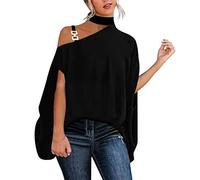 Schulterfreies Oberteile Damen Sexy - Neckholder T Shirt Damen Metallknopf Träger Fledermausärmel Asymmetrisch Bluse Elegant Kurzarm Stilvolle Party Oberteil Tunika Tops Blusen & Tuniken für Frauen