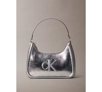Schultertasche CALVIN KLEIN "BOLD CK METALLIC SHOULDER BAG", Damen, Gr. B/H/T: 30cm x 43cm x 18cm, silber (silberfarben), Lederimitat, metallic, Taschen Schultertasche, Dmaen Tragetasche, Handtasche,