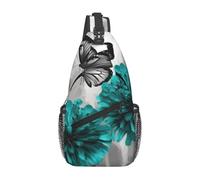 Schultertasche für Damen und Herren, Grau, Blaugrün, Blume, Schmetterling, verstellbarer Gürtel, Bauchtasche, Bauchtasche für Reisen, Sport, Laufen, Wandern, Hüfttasche, Schwarz, Einheitsgröße,