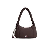Schultertasche TOMMY JEANS "TJW CASUAL SHOULDER BAG", Damen, Gr. B/H/T: 27cm x 16cm x 8cm, dunkelbraun, Textil, Taschen Schultertasche, Damen Tragetasche, Minibag, mit Zierperlen und Schmuckelementen