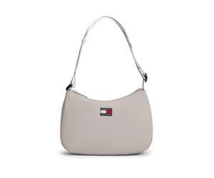 Schultertasche TOMMY JEANS "TJW ESS DAILY SHOULDER BAG", Damen, Gr. B/H/T: 25cm x 18cm x 8cm, taupe, Textil, Taschen Schultertasche, Damen Umhängetasche, Handtasche, Tragetasche mit Logo-Aufnäher (904