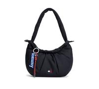 Schultertasche TOMMY JEANS "TJW ICON CHARMS SHOULDER BAG", Damen, Gr. B/H/T: 28cm x 18cm x 8cm, schwarz, Textil, Taschen Schultertasche, Damen Handtasche, Umhängetasche mit modischen Raffungen (154342