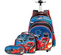 Schultrolley für Mädchen Junge Trolley Rucksack Cars Schulranzen,HTgroce Schultaschen Schulrucksack Rennwagenmotiv Muster 3 Teile Set mit Rollen für Kinder Junge und Mädchens Klasse 5-12