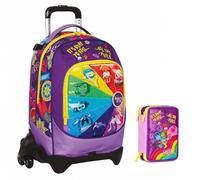 Schultrolley Jack mit 3 abnehmbaren Rädern Inside Out 2 Universal Mood, 3 in 1 für Grundschule Mädchen + Federmäppchen 3 Reißverschlüsse mit Schreibwaren + 7 radierbare Stifte und Schlüsselanhänger