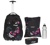 Schultrolley Trolley Mädchen 4 T Set Hero Butterfly Rucksack Schultasche Sportbeutel Mäppchen Box Trinkflasche 12680 tbbf (Butterfly Black Pink)