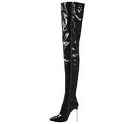 Schwarz,35,Damen-Overknee-Stiefel aus Lackleder, sexy Stiletto-Absätze, Oberschenkelhohe Stiefel, Oversize-PU-Stiefel seitlichem Reißverschluss Club-tauglich (Absatzhöhe: 11 cm)