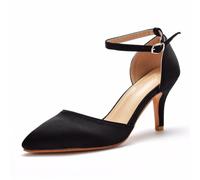 Schwarz,40 EU,Elegante Satinpumps für Damen mit Knöchelriemen, niedrigem Kitten-Heel und geschlossener Zehenpartie - perfekt für Hochzeiten, Brautkleider und Festliche Anlässe.
