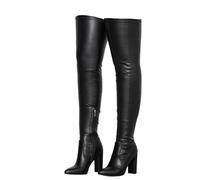 Schwarz,44,Dehnbare Kniehohe Stiefel für Damen, Sexy Overknee-Stiefel mit spitzer Zehenpartie und hohem Blockabsatz, Große Knight-High-Heels aus Kunstleder seitlichem Reißverschluss