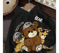 Schwarz, Baby Jungen Lässiger, locker sitzender, bequemer Kapuzenpullover aus weicher Strickware mit Cartoon-Bären-Muster