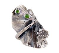 Schwarz Breite 990 Sterling Silber Lotus Blatt Ring mit Natürlich Grün Jade für Damen Offen Verstellbar