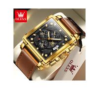 (schwarz gold braun) Olevs Top Marken Neue Quadratische Herrenuhr Multifunktions-Chronograph Lederarmband