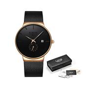 (Schwarz gold) LIGE Uhren Casual Wasserdicht Quarz Uhr Herren Uhren Top Marke Luxus Ultra-Dünne Datum