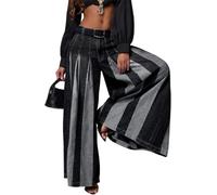 ,Schwarz,M,Damen Hohe Taille Patch Streifen Vorderseite Falten Oversized Weites Bein Jeans Hosen Trendige Lockere Weite Kurvige Jeans