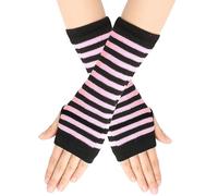(Schwarz-Rosa gestreift) 2 Stück gestrickte fingerlose Handschuhe mit Fingerlöchern, wärmende Winterhandschuhe