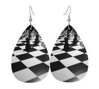 Schwarz-weiße Schachbrett-Ohrringe für Damen, tropfenförmige Leder-Ohrringe, doppelseitig, baumelnd, leicht, Damen-Ohrschmuck, Schmuck, modisch, Geburtstagsgeschenk