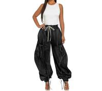 ,Schwarz,XL,Damen Baggy Jeans Elastischer Taillenbund Jeans Schleifen-Kordelzug Pull-On Cargo Denim Hosen Haremshosen Streetwear