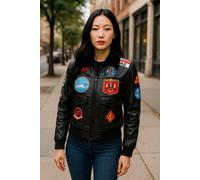 Schwarze A2 Top Gun Leder-Bomberjacke für Damen - Federn EU 46 / UK 18