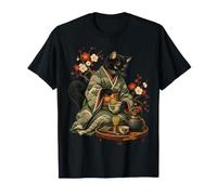 Schwarze Katze Teezeremonie Japanischer Kimono Ukiyo E T-Shirt