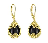 Schwarze Onyx Ohrringe Sterling Silber - Träne Boho Hängend 18K Gelb Gold Böhmen Filigrane Ohrhänger Schmuck Geschenke für Damen Mädchen
