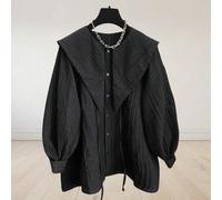 Schwarze plissierte Bluse mit langen Ärmeln, Knopfverschluss und Tunnelzug - aus Polyester, waschbar, Matrosenhemdkragen, modische Damenbluse für alle