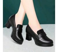 Schwarze Pumps mit rundem Zehenbereich für Damen, Plateau mit dickem Absatz, neue Frühlingspumps aus weichem Leder, ermüdungsarm, elegant, Loafer