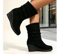 Schwarze Slouchy Keil-Stiefeletten für Damen, weiches Wildleder, runde Zehenpartie, Schlupfstiefel, bequem, gerüscht, lässig, kurze Stiefel für Herbst, Winter, Alltag