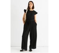 Schwarzer Jumpsuit mit elastischer Taille und Rüschen aus Stretch-Material M/L
