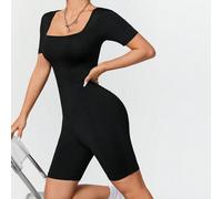 Schwarzer Jumpsuit mit quadratischem Ausschnitt und Kurzen Ärmeln, Figurbetonter enger Sommer Jumpsuit für Damen