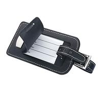 Schwarzer Kofferanhänger aus Bonded Leder (Lederfaserstoff) mit Metallplättchen - verdecktem Adressfeld und Ziernaht