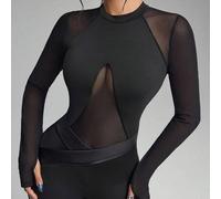 Schwarzer Mesh-Catsuit Langarm Jumpsuit, PU-Leder Patchwork, unsichtbarer Reißverschluss hinten, Daumenöffnungen an den Ärmeln, abnehmbare Polster, ho