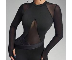 Schwarzer Mesh-Catsuit Langarm Jumpsuit, PU-Leder Patchwork, unsichtbarer Reißverschluss hinten, Daumenöffnungen an den Ärmeln, abnehmbare Polster, ho