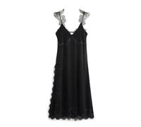 Schwarzes Damenkleid mit V-Ausschnitt, ärmellos, einfarbig, Spitzenbesatz, schmal, mit Hosenträgern, Urlaubskleid, Schwarz , L