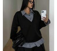 Schwarzes gestreiftes 2-in-1-Sweatshirt im koreanischen Stil für Damen, neu für den Winter, mit Umlegekragen, figurbetonigtes Design, amerikanisches g