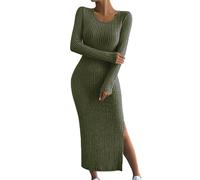 Schwarzes Kleid Damen - Damen-Strickkleid Mit Langem Schlitz Figurbetontes Langes Kleid Mit U-Ausschnitt Tiefem Ausschnitt Kleid Sommer Damen Langarm