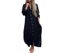 schwarzes Kleid Damen Hochzeitsgast Lange Sommerkleider Renaissance Leinen Revers Langarm Maxi T-Shirt mit Taste weisses Sommer häkelkleid（Schwarz, 3XL