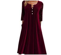 schwarzes Kleid Damen lang Kleid Langarm Damen Tunika Kleid Damen schmuck Damen Retro Samt Patchwork Rundhals 3/4 Ärmel Midi Kleid Elegant Slim Fit Kleid Shirtkleider （ Wine-1 ， XL ）