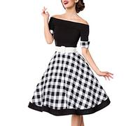 Schwarzes knielanges Swing Kleid im High Waist Schnitt mit Gürtel und Manschetten kariert und schulterfrei bandeau XL