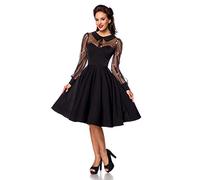 Schwarzes knielanges Swing Kleid im High Waist Schnitt mit Netz Blumenstickerei und Herz-Ausschnitt Vollglocke und Lange Ärmel ausgestellt Kragen XXXL