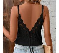 Schwarzes, lässiges Damen-Sommer-Camisole aus strukturiertem Stoff mit Spitzen-Patchwork