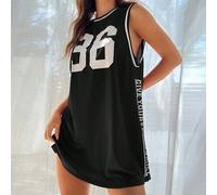 Schwarzes, locker sitzendes Mesh-Ärmelloses Kleid im Sommer-Lässig-Stil mit Buchstaben- und Nummer-Grafik