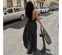 Schwarzes Maxikleid mit Polka Dots, rückenfreies Cami-Kleid mit Choker-Schal für Damen, elegant für Party und Sommer