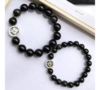 Schwarzes Obsidian-Armband, 925er Silber, Charm, Kreuz, Blume, Amulett, natürlicher Kristall, Chakra, Luxus-Talisman für Wohlstand, Glück, Geld, Schutz, 8 mm/1951