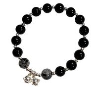 Schwarzes Obsidian-Kristall-Armband für Damen, 14 cm, mit Glöckchen aus Sterlingsilber