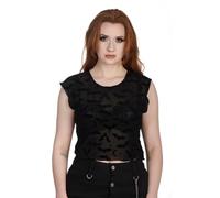 Schwarzes Sinead Fledermaus-Top - Gothic Sheer Mesh Crop Tee Alt Festival Hexe Shirt, Schwarz , L