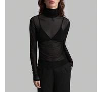 Schwarzes Strick Top mit Rollkragen für Damen, schickes langärmeliges Mesh-Shirt für den Herbst, elegante Sommerbluse für den Abend, Business-lässig-O
