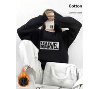 Schwarzes Sweatshirt mit überschnittenen Schultern für Damen mit Marvel-Co-Branding, Baumwolloberteil, Marvel Heroes-Logo-Aufdruck, lockeres Sweatshir