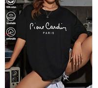 Schwarzes T-Shirt mit Print von Pierre Cardin PARIS, Sommertop, K-Pop Warrior Serie, Top aus reiner Baumwolle, Damenbekleidung, Sommermode für Damen,